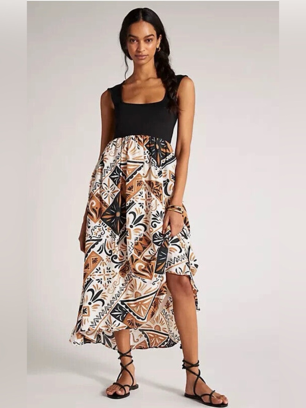 Anthropologie Black & Tan Printed High-Low Maxi Dress - Small -  Like New